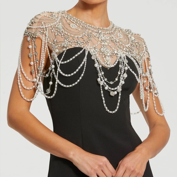 Mac Duggal 11775 Draped Pearl Beaded Mermaid Gown Black - Picture 2 of 8